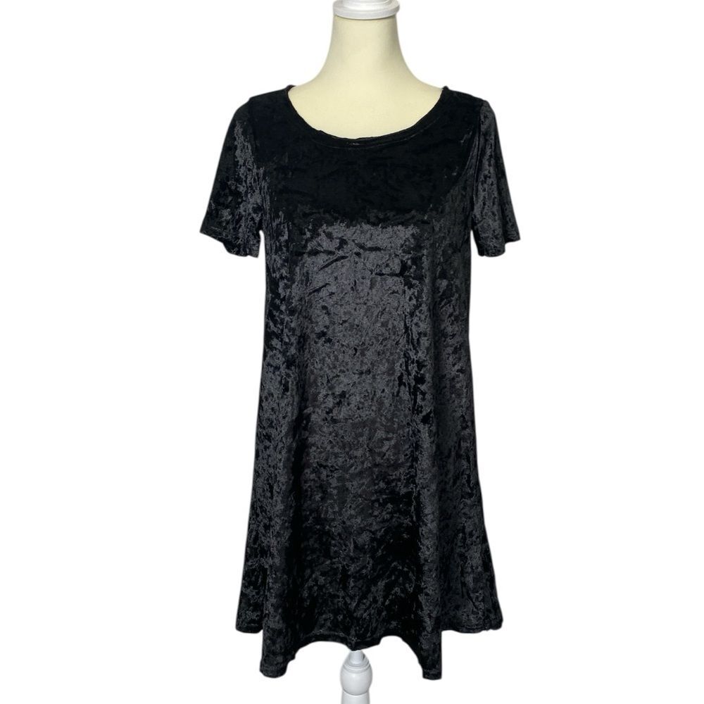 POL Black Crushed Velvet Short Sleeve Swing Dress Whimsigoth Women's Size S